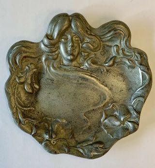 Vintage Pewter Art Nouveau Nymph Trinket Pin Dish Card Tray Ashtray Bowl