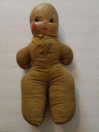 Antique 14 " Primitive Cloth Doll With Oil Cloth Face