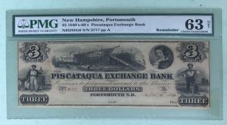 1852 $3 Three 3 Dollar Signed Piscataqua Bank Rare Large Note Pmg 63 Choice Unc