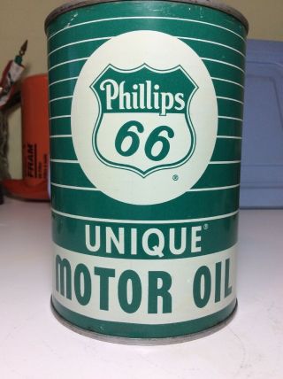 Vtg.  Phillips 66 Unique Motor Oil Can Quart Advertising Very Rare Full