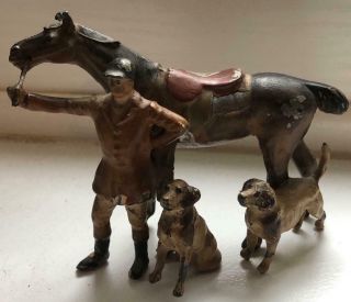 Antique Cold Painted Huntsman With Horse & Hounds Figure.