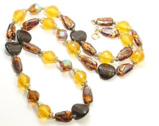 Vintage Mid Century Ornate Orange Amber Foil Art Glass & Lucite Bead Necklace
