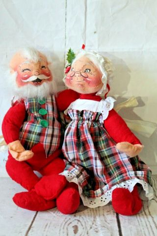 Vintage Annalee Dolls 18 " Christmas Santa Mrs Clause Plaid 1969 Set Of 2