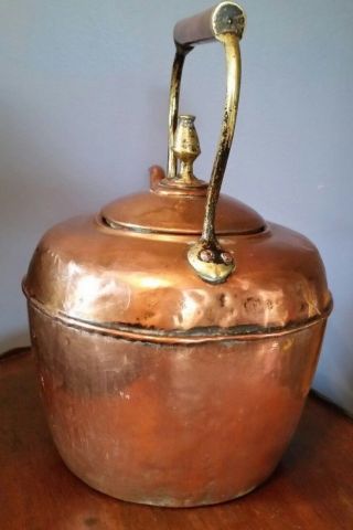 Antique Copper & Brass Tea Kettle Gooseneck Spout Hallmarks Lid,  Side & Bottom 2