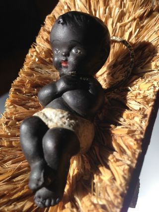 Rare Vintage Hand - Painted Ceramic Black Baby Jesus Christmas Nativity Figurine