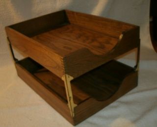 Vintage Wood Dovetail Double Desk Tray Office In - Out Box Paper Organizer Antique