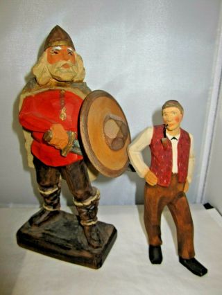 2 Vintage Wood Carved Men Figurines From Switzerland Black Forest Viking Soldier