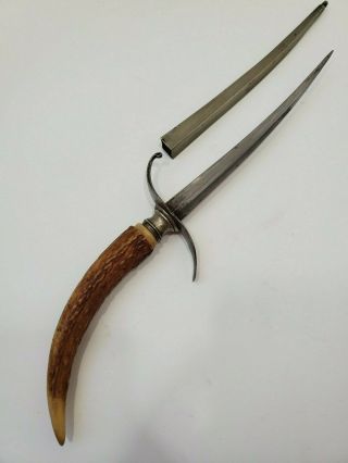 Unique Rare Antique Possibly French Horn Dagger Knife Sharp Tip Steel Scabbard
