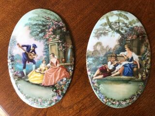 Pair Large Oval Rococo French Hand Painted Porcelain Plaques By Edwards