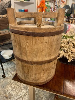 Antique Primitive Wood Water Bucket Farm Barrel With Handle And Plugs Rare