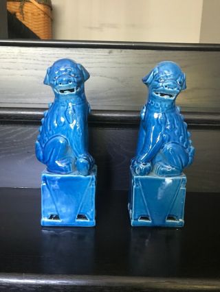 Pair Vintage Chinese Turquoise Porcelain Foo Dogs Statues Temple Guarding Lion