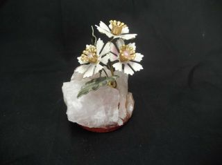 Vintage Frank Mosse Rose Quartz Enameled Flowers Hand Crafted Art Sculpture Rare