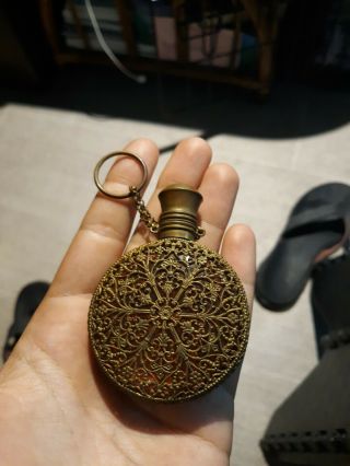 Antique 19th Century Brass And Red Glass Perfume Bottle Flask