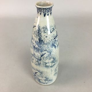 Japanese Ceramic Sake Bottle Vtg Pottery Tokkuri Blue White Dotted Crane Ts186