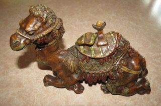 Antique Cold Painted Cast Metal Camel Inkwell & Glass Insert 9” -