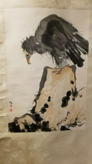 Antique / Vintage Chinese Painting Scroll With Eagle On Rock