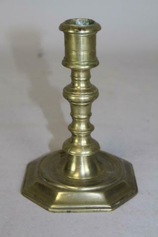 Rare 17th C Spanish Brass Candlestick Very Bold Shaft Octagonal Base Old Surface