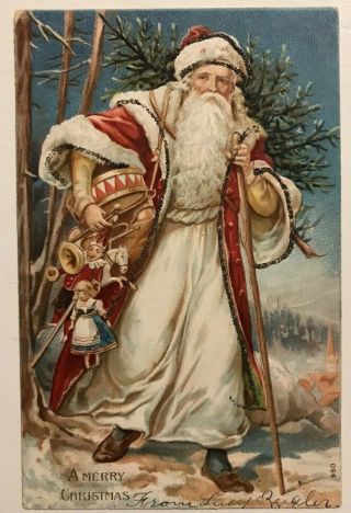 Rare Long Fancy Red Robe Santa Claus Antique Embossed Christmas Postcard - M14