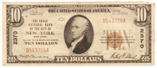 1929 $10 Ten Dollars U.  S.  National Currency Bank Note Chase Bank York Rare