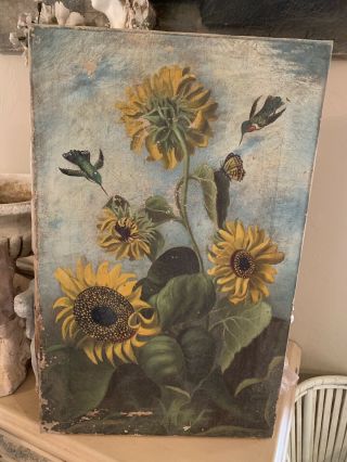 And Rare Vintage Sunflowers And Birds Painting Very Shabby Chic