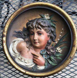 Bradley & Hubbard Painted Cast Iron Wall Plaque Lady Flowers.  1810