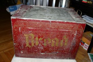Antique Vintage Metal Bread Box Hinge Door Red Gold Paint Tin Store Display Can