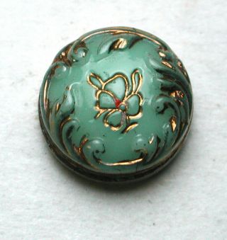 Antique Victorian Glass Button Turquoise Dimi Size Gold Luster Floral 1/4 "