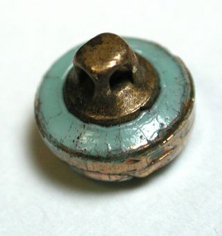 Antique Victorian Glass Button Turquoise Dimi Size Gold Luster Floral 1/4 