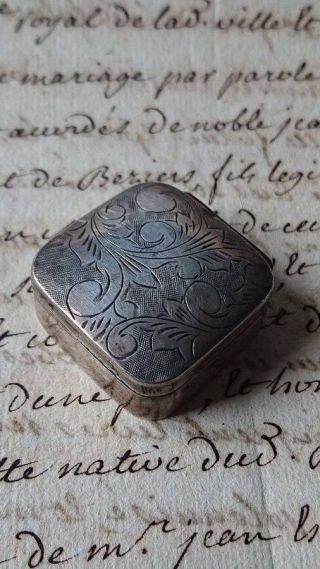 Antique French Silver Snuff Box Or Pill Box 19th C Engraved Scrolls
