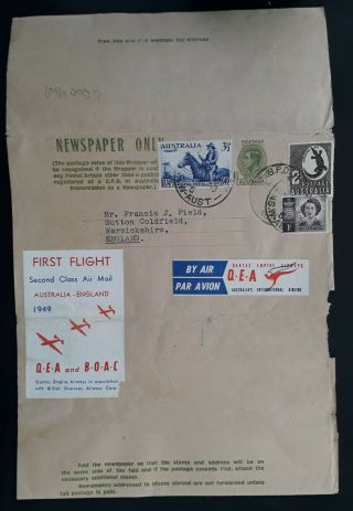 Rare 1949 Newspaper Wrapper With First Flight Vignette Qantas & Boac Aust - Uk