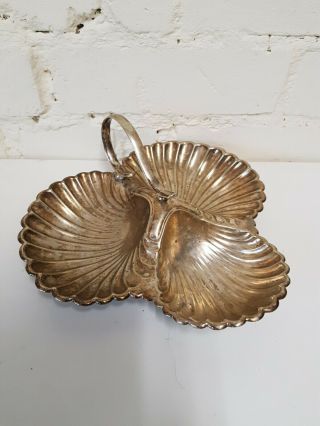 Vintage Epns Silver Plate Scallop / Oyster Shell 3 Part Bonbon Dish With Handle