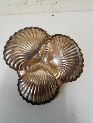 Vintage EPNS silver plate scallop / oyster shell 3 part bonbon dish with handle 3