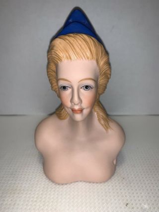 Vintage Porcelain Bisque Doll Head,  Blue Hat And Chest