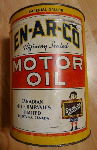 Vintage En - Ar - Co Refinery Motor Oil 1 Imperial Gallon Can Rare