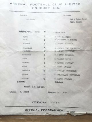 Very Rare Arsenal Youth V London Youth 1966/67