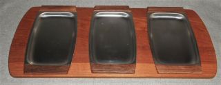 Mid Century Teak Wood Tray W/stainless Inserts Tri Divided Serving Tray