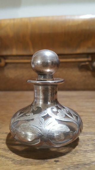 Art Nouveau Sterling Silver Overlay Floral 2 7/8 " Perfume Bottle