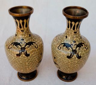 Pair (2) Bronze Chinese Cloisonne Black / Tan Floral Vases 7 " Tall Vintage