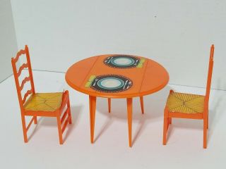 Vintage 1970 Barbie Dining Table And 2 Chairs Orange
