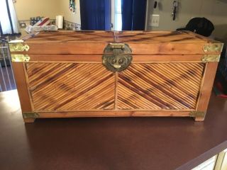 Vintage Bamboo Chest Wooden With Brass Engraved Accents Storage Chest Keepsake