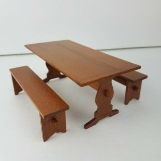 Vintage Dollhouse Miniature Wood Long Kitchen Picnic Table With Two Benches Exc
