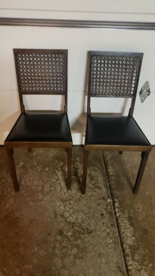(2) Leg - O - Matic Folding Wood Chairs Mid Century Vtg