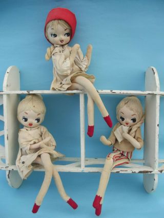 3 Vintage Stockinette Big Eye Pose Dolls I Dream Of Jeannie Hairdo 13 " Japan
