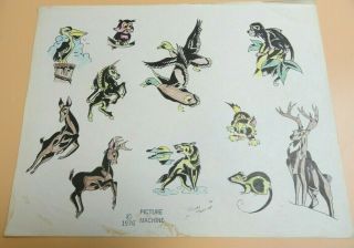 Vintage 1976 Rare Picture Machine Tattoo Flash Sheet Unicorn Owl Cat Wolf Deer