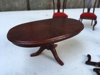 Vintage Doll House Mahogany Queen Anne Table And Chairs Arms Removed? 2