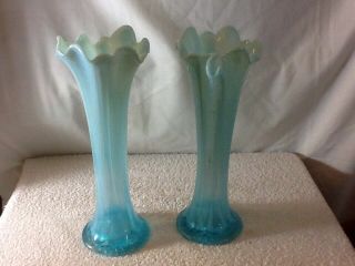 Very Rare Vintage Set Of 2 Light Blue Frosted Scalloped Ruffled Rim Vases,