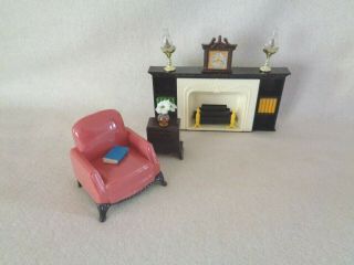 Plasco Vintage Dollhouse Miniature Plastic Fireplace Club Chair W Renwal