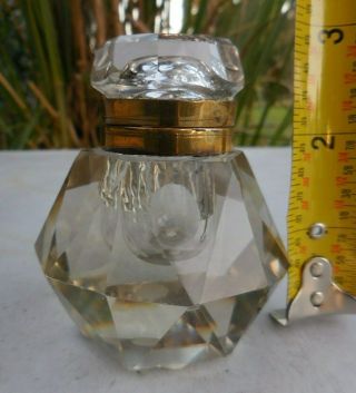 Antique Faceted Cut Crystal Clear Glass Ink Well W/ Brass