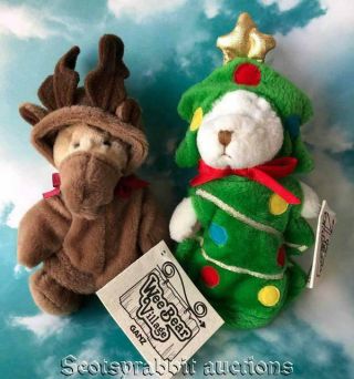 Vintage Wee Bear Village 2 Christmas Bears Christmas Tree & Reindeer With Tags