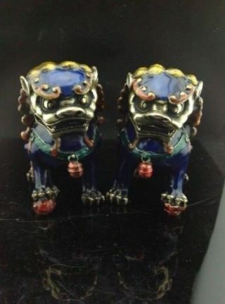 A Pair Chinese Antique Cloisonne Copper Hand - Carved Lion Statue G01
